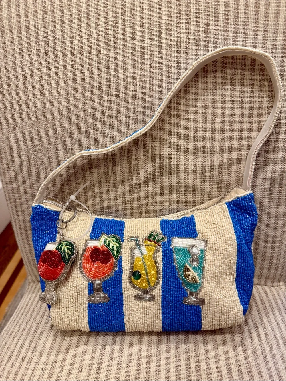 Viral Cocktail Drinks Beaded Shoulder Bag, Blue & White Stripe Made In India NWT